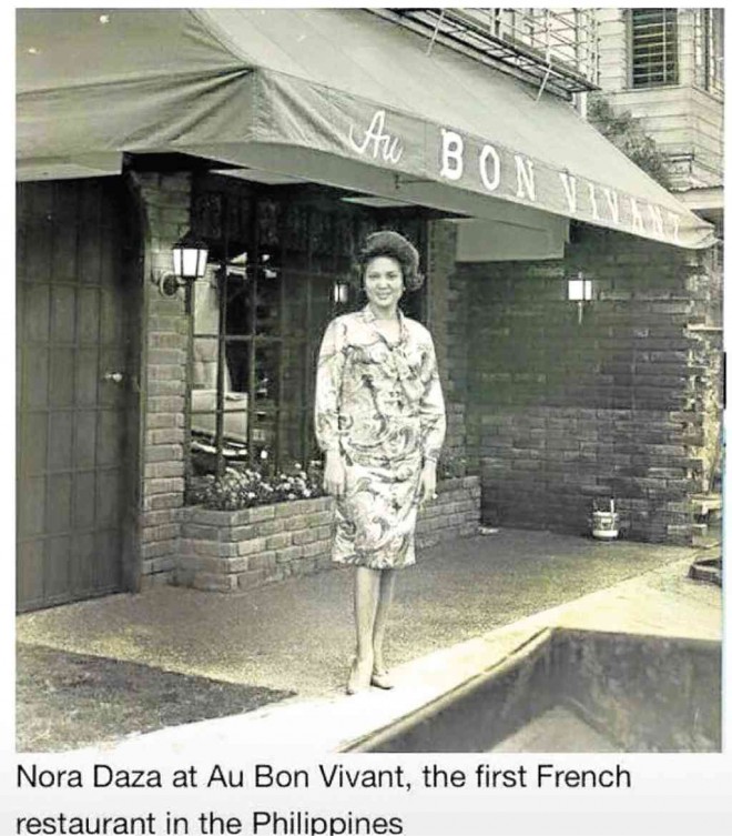 cook and restaurateur Nora Daza in front of pioneering French restaurant Au Bon Vivant in Ermita, Manila (posted by Isidra Reyes)
