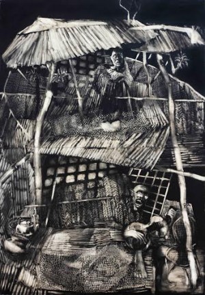 ‘THE APARTMENT,’ by Onib Olmedo (1937-1996) Signed and dated, 1992; ink and acrylic on board; 62 1/4” x 43” (158 cm x 109 cm)