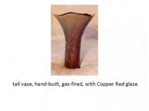 TALL, hand-built, gas-fired vase with copper-red glaze by Peppon Rondain