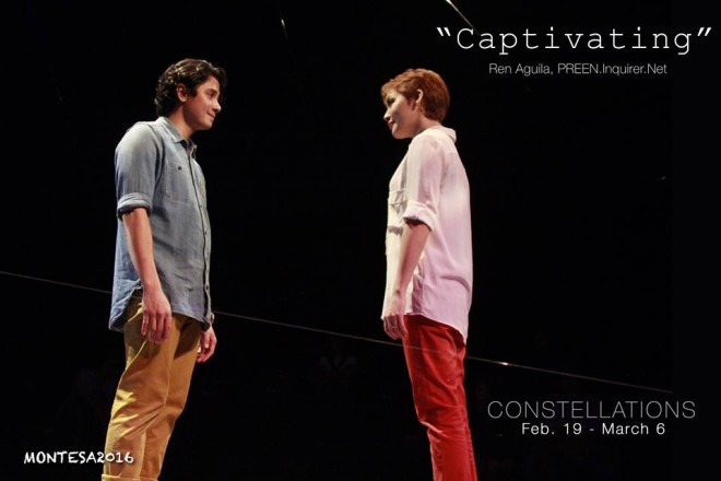 JC Santos and Cris Villonco in Red Turnip’s “Constellations,” directed by Rem Zamora.  PHOTO BY RAUL MONTESA
