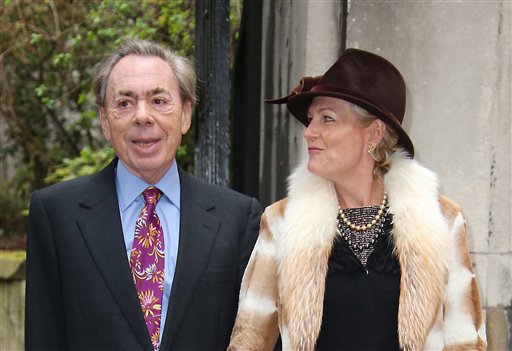 Andrew Lloyd Webber, left, and Madeleine Gurdon arrive at St Bride's Church for the celebration ceremony of the wedding of Rupert Murdoch and Jerry Hall in London, Saturday, March 5, 2016. (Photo by Joel Ryan/Invision/AP)