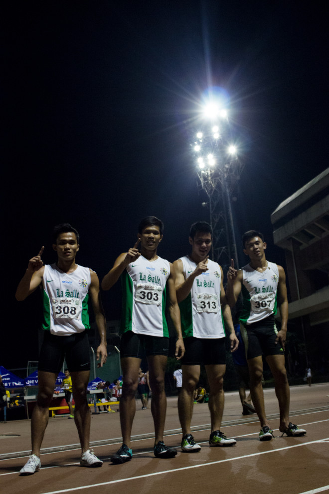 THE DLSU Relay team after their 4x400m relay victory—just 3.5 points from 2nd runner-up UP
