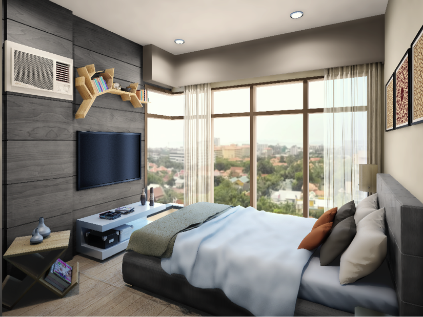 Corner 2-bedroom units feature a glassed floor-ceiling wall at its master’s bedroom. 