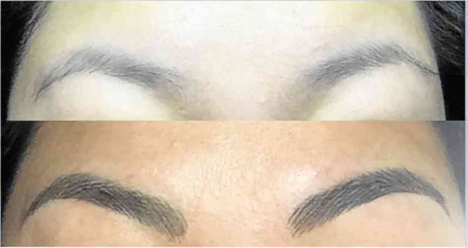 BEFORE AND AFTER. Top: Brows pre-embrowdery. Bottom: Shaped and stranded brows good for 3 years