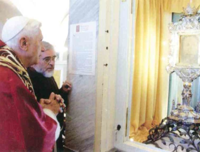 POPE Benedict XVI in September 2006 visiting Manoppello and praying before the Sudarium that holds the Volto Santo or Holy Face of Christ.