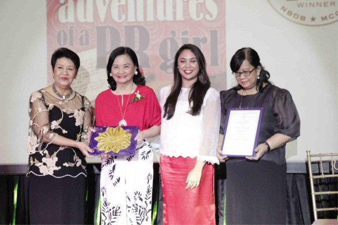 BETTINA Olmedo recently won theNational Book of the Year award in the professions category for her book “The Adventures of a PR Girl,” published by Anvil Publishing Inc. Photo shows her receiving the Victorio Valledor Award for Professions during ceremonies held at theNationalMuseum on P. Burgos Avenue,Manila.Others in the photo are Neni Sta. Romana-Cruz, president of theNational Book Development Board;Micaela Valledor; and Karina Bolasco, publishing manager of Anvil Publishing Inc. The following is the full text of her acceptance speech during the awarding rites