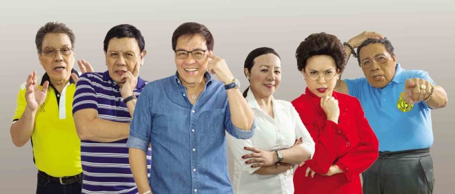 NEP-OTISM  The mimic Willie Nepomuceno (third from left in this composite photo with his comic cast of candidates) transforms into Mar, Rody and Jojo, but meets his match in daughter Frida Nepomuceno, who plays Grace, and actress Geraldine Villamil, who portrays Miriam. CONTRIBUTED PHOTO
