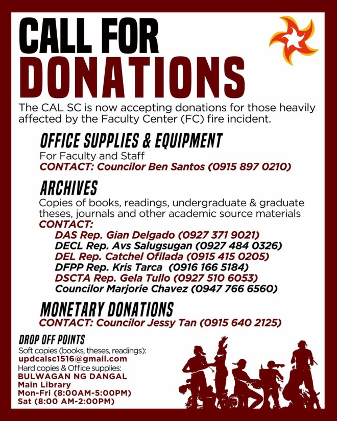 CALL for donations to help those affected by the fire. Photo from the CAL Student Council
