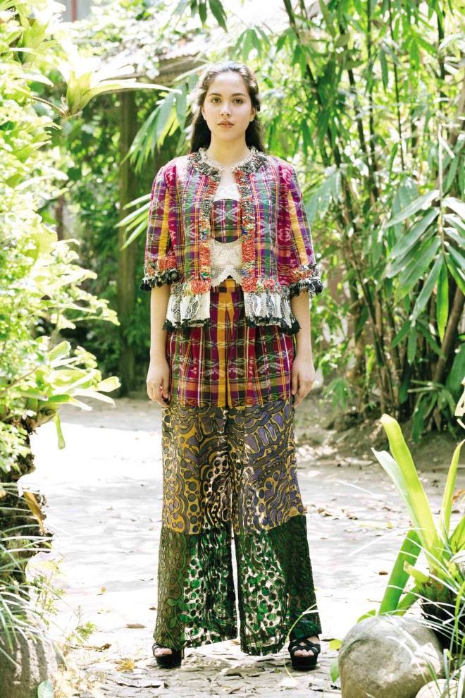 MALONG jacket with hand-painted piña seda trim is paired with langkit-pattern palazzos.