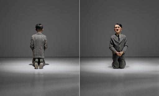 This combination of undated photos provided by Christie's shows "Him," a controversial sculpture of Adolf Hitler by Maurizio Cattelan. Viewed from the rear, it appears as a child-like figure kneeling in prayer. But from the front, viewers come face-to-face with a likeness of the Nazi leader. AP