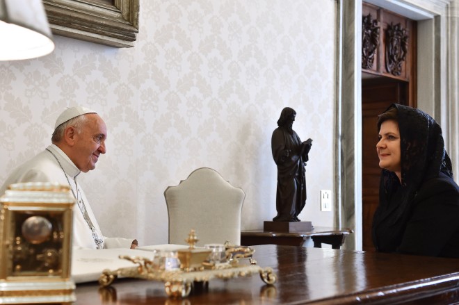 Pope Francis talks with Poland's Prime Minister Beata Szydlo during a private audience in the pontiff's studio at the Vatican, Friday, May 13, 2016. (Gabriel Bouys/AFP Pool via AP)