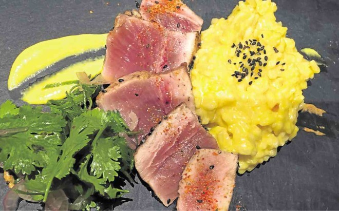 SEARED Tuna with Risotto and, below, “causa”-inspired appetizers