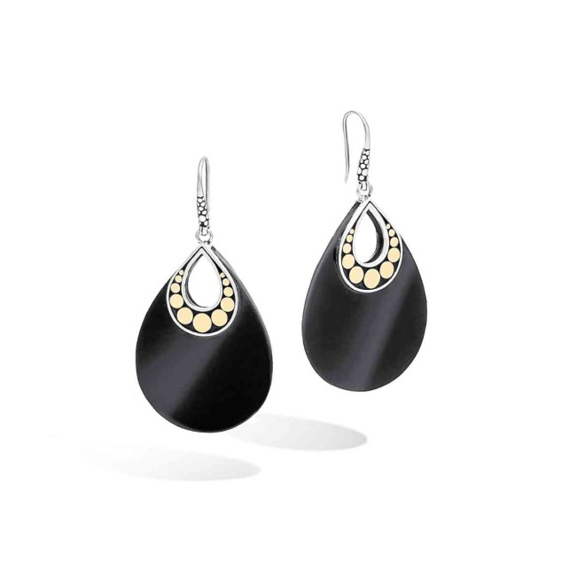 18-KARAT gold and silver carved-chain French wire earrings with black onyx