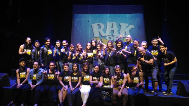 The cast members of Peta’s fifth rerun of “Rak of Aegis” with the new Aileens Alisah Bonaobra (seventh from left, standing, back row) and Tanya Manalang (10th from left, back row). Other new cast members include Carla Guevara Laforteza (fourth from left, back row), Tricia Jimenez (12th from left, back row), Jon Santos (partly hidden, fourth from right, back row) and Vince Lim (rightmost, standing). The show runs June 17-Aug. 28 at Peta Theater Center.