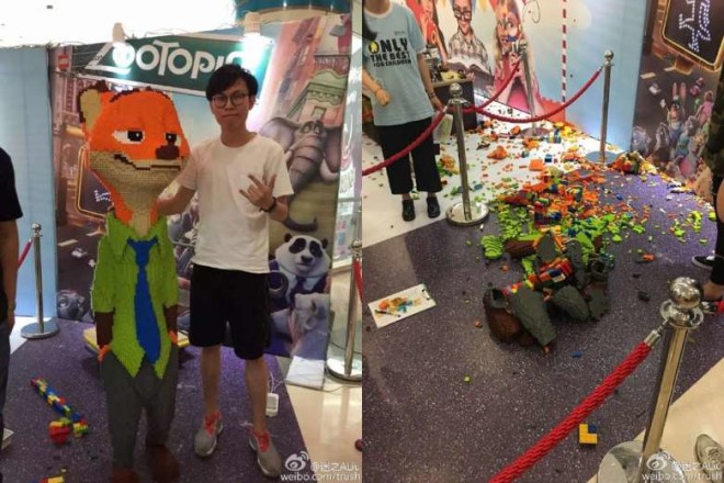 Zhao posing with his Lego sculpture, which was smashed to pieces by a Chinese boy on Sunday (May 29). PHOTO: WEIBO