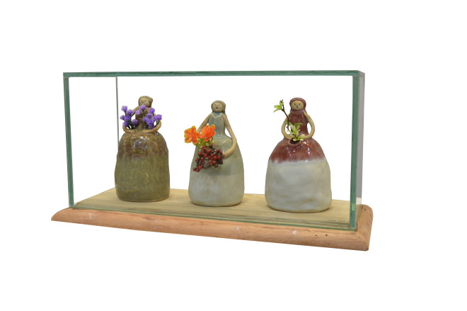 "TRES Marias,” a diorama of handmade glazed stoneware figures by An Alcantara.
