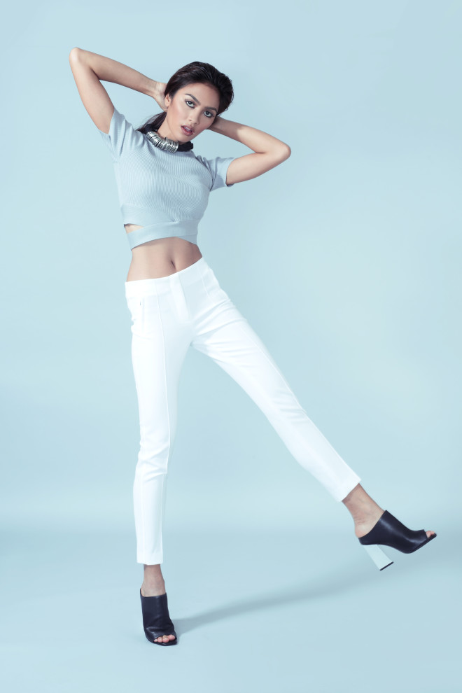 BLUE-GRAY cropped top, white denim jeans, Forever 21; slip-on clogs with metal heel, Jeffrey Campbell