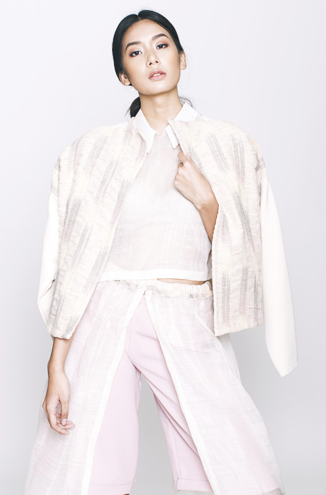 OPEN-FACED jacket in Narda’s handwoven textile; piña two-piece: crop top and “bahag” skirt/culottes