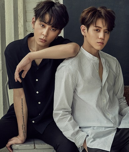 Rapper-composer Junhyung and main vocalist Yoseob in a Marie Claire pictorial.