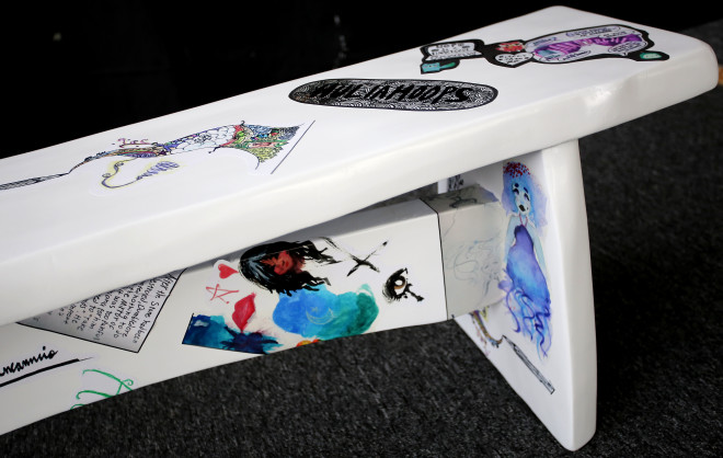 Julia’s Bench, with sticker decals featuring Julia Buencamino’s art, is a gadget-free place where teens can talk with and keep each other company. 