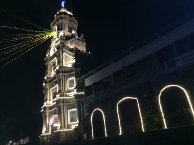 MORONG Church at night.To put the LED lights, holes had to be burrowed on the facade. EA Sembrano