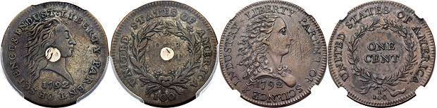 This undated image provided by Heritage Auctions shows the obverse, front, of a 1792 "Silver Center Cent." The one-cent coin is one of two rare 1792-dated coins made during the early days of the United States Mint. The rare coins are anticipated to sell for nearly a million dollars at the World's Fair of Money in Anaheim, Calif., during a public auction conducted by Heritage Auctions on Wednesday, Aug. 10, 2016. (Travis Awalt/Heritage Auctions, HA.com via AP)