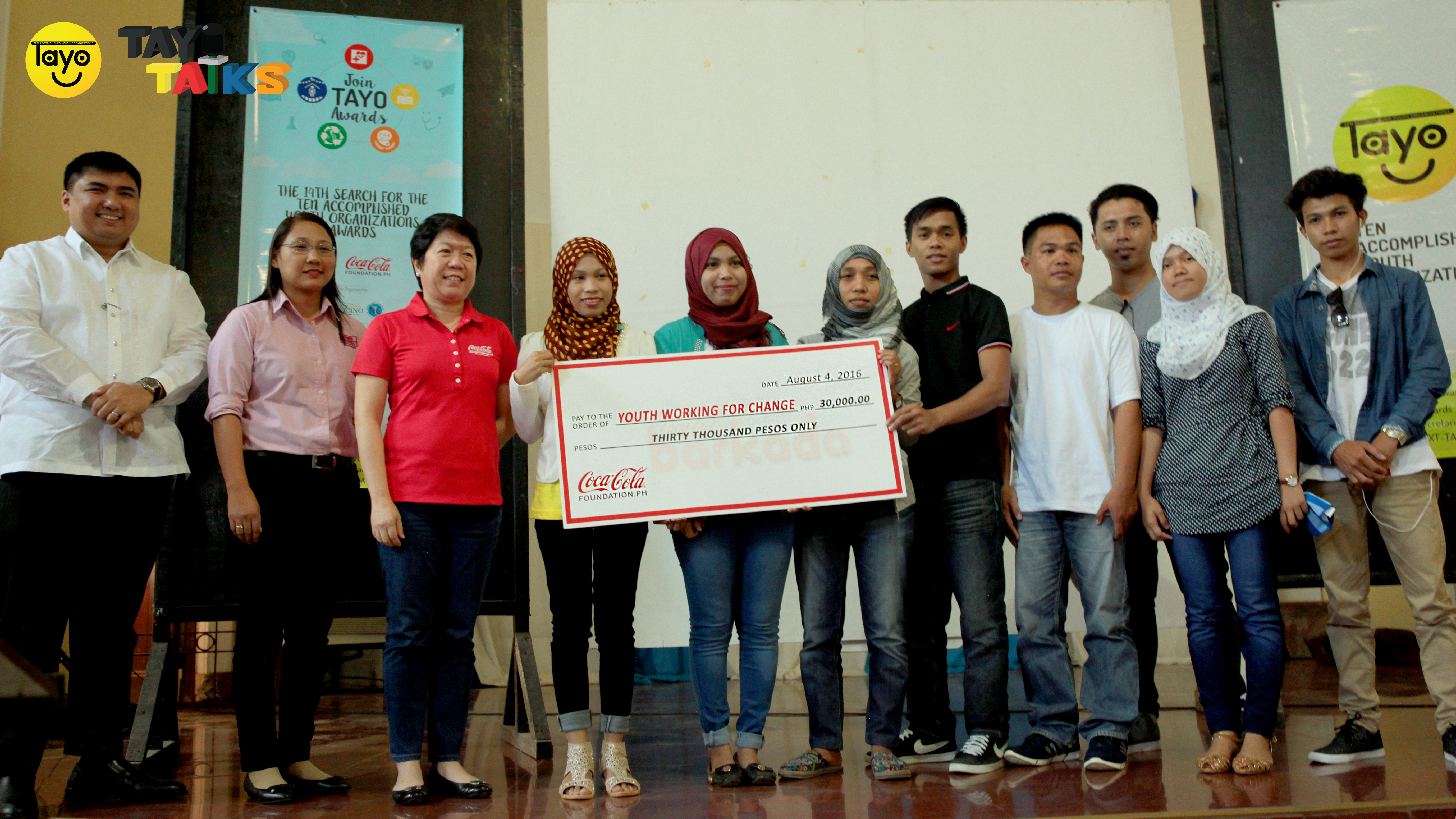 Youth Working for Change, led by its president, Nasiba Salip, vice president, Fatima Asad, and their adviser, Rico Tura, received their plaque and P30,000 cash prize from Coca-Cola Foundation president Cecile Alcantara in Zamboanga City.