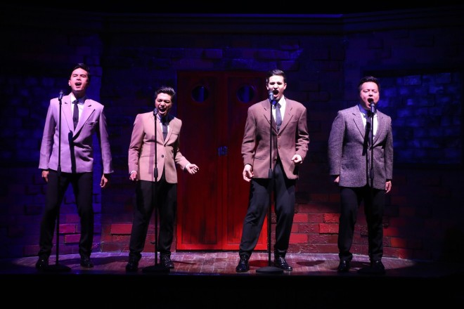 Christian Bautista, Nyoy Volante (as Frankie Valli), Markki Stroem and Nino Alejandro in “Jersey Boys,” directed by Bobby Garcia. The show runs until Oct. 16 at Meralco Theater. PHOTO FROM ATLANTIS THEATRICAL ENTERTAINMENT GROUP