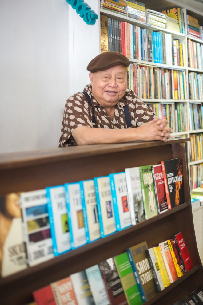 SHOP owner F. Sionil José with his innumerable books of short stories and novels. JILSON SECKLER TIU