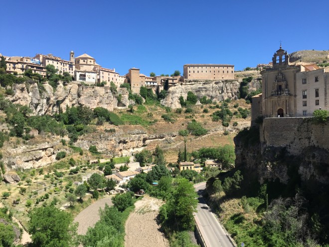 CUENCA is built on sheer cliffs overlooking a dramatic landscape of deep gorges that were carved out by the Júcar and Huécar rivers. On the right is the Convento de San Pablo, now converted into a “parador” (hotel)