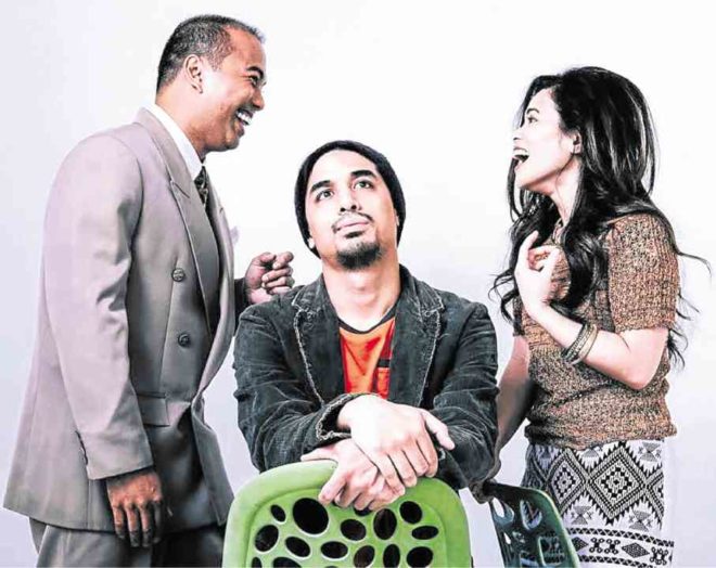 Jef Flores, with Ariel Reonal and Tanya Manalang in 9Works Theatrical’s production of Jonathan Larsen’s “Tick, Tick… Boom!”