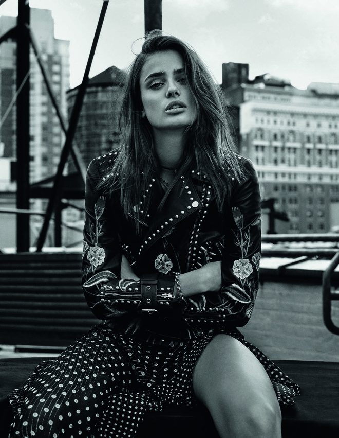 Embroidered leather is one of the highlights of the new Topshop collection featuring American model Taylor Hill.