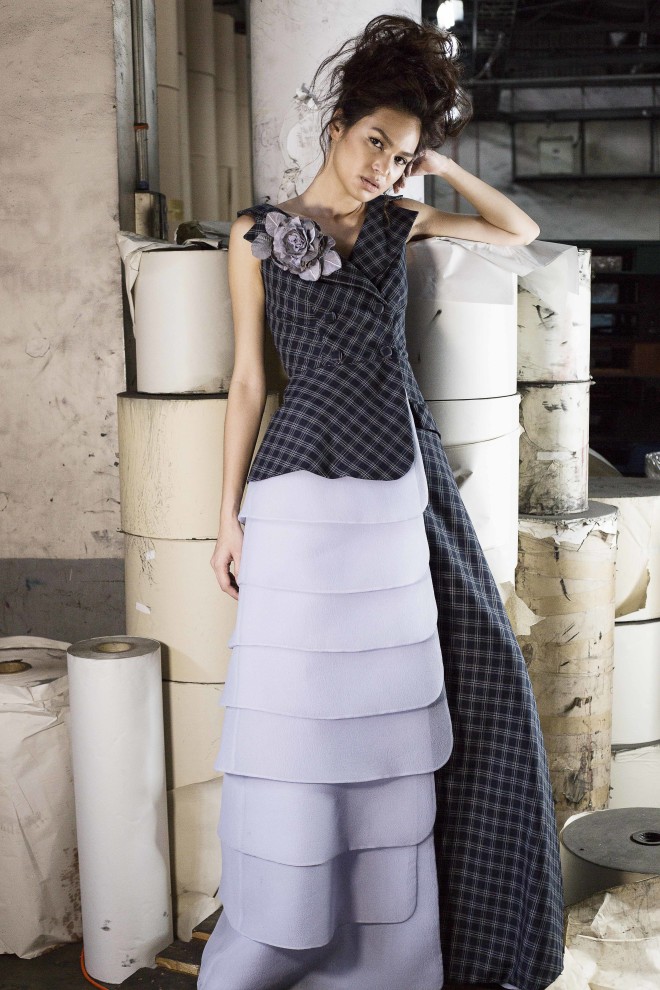 Ernest Huiso Deconstructed suit spirals around the waist into a train, with layered organza skirt.