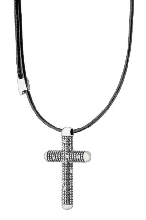 Necklace in 18k black gold with diamonds and black leather