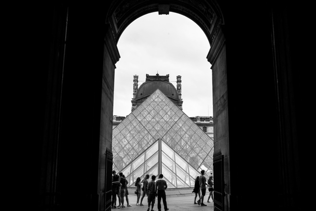 Antonio captures the contrast of light and shadow from the arch fronting the Louvre Pyramid in Paris