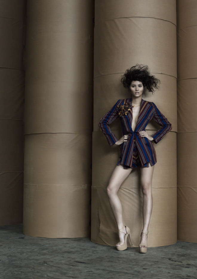 RUSANNE CASELA Playsuit with rolled lapels and hand-sewn additional velvet stripes