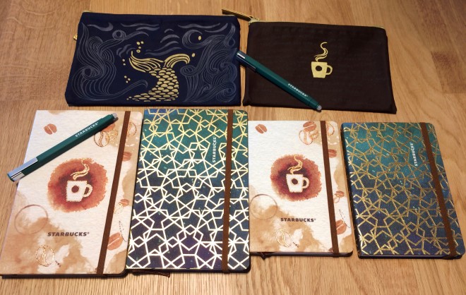 Two designs for the 2017 Starbucks planner: coffee stains and blue siren