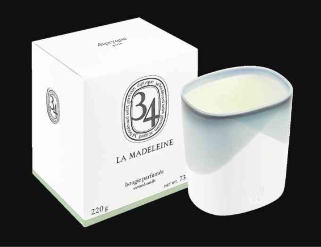 The new La Madeleine scented wax candle by Diptyque. The fragrancewas inspired by themadeleine pastry described in Marcel Proust’s novels.
