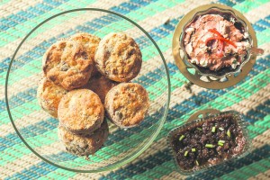Adobo Scones served with two sauces: Kintsay Mascarpone with Date Molasses and Adobo sa Gata Duck Rillettes with Spices 