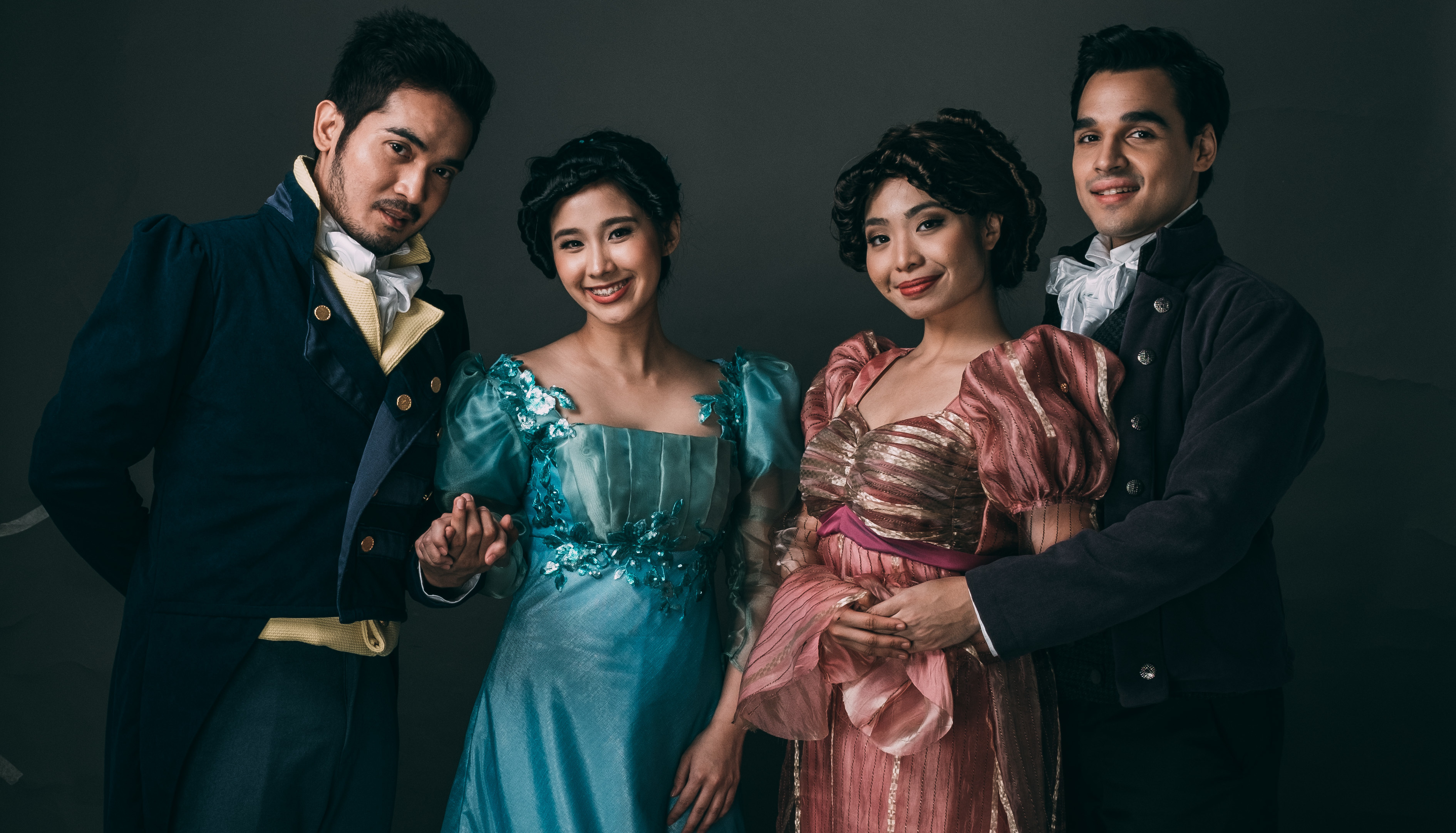 Part of the cast members are (from left) Al Gatmaitan who plays the young Scrooge, Mitzie Lao as Emily, Gian Gloria as Sally and Nel Gomez as Fred. CONTRIBUTED PHOTO/9 Works Theatrical