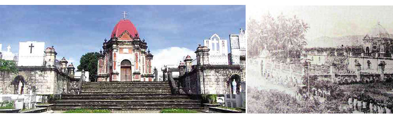 Archival (above) and present photos of the San Joaquin Campo Santo (left)