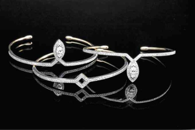 Stack bangles in rose and white gold and diamonds