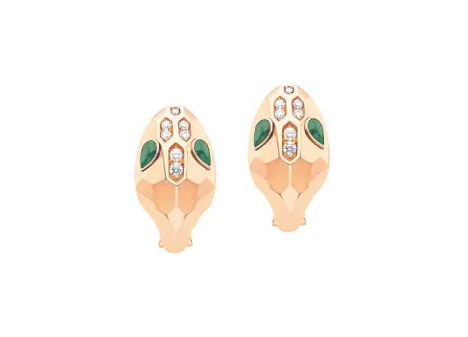 Serpenti pink gold earrings with malachite eyes and pavé-set head