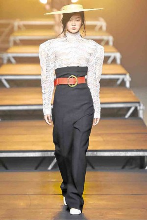 SEE TRUE Starched lace top, bold shoulders, statement sleeves, wide-leg pants