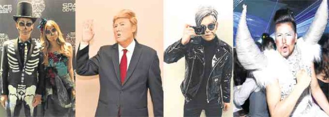 The Palace business partners at the bash: Erik Cua and Jam Chan as skeletons; Tim Yap as Donald Trump; Mond Gutierrez as dead Andy Warhol, Fabio Ide as an alien