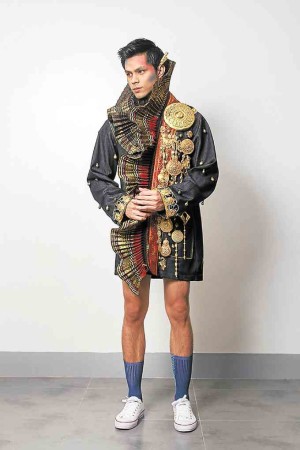 Denim jacket inspired by the Maguindanao warrior costume with mini gongs for flair