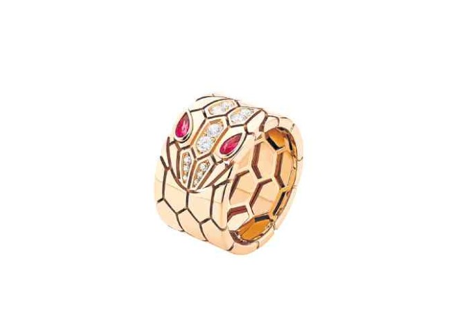 Bulgari Serpenti pink gold band ring with rubellite eyes and pavé-set head (.25 carats)