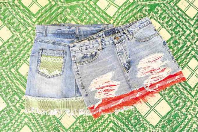 Zobel breathes new life into denim skirts from “ukay-ukay”; here they are distressed and blended with “inabel” fabric.