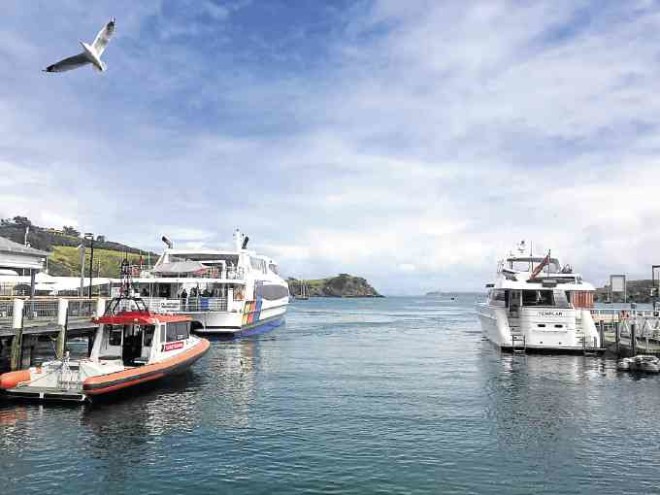 Harbor of Waiheke Island, a country getaway of wineries, olive orchards, craft shops and rustic restaurants 35 minutes by ferry from Auckland