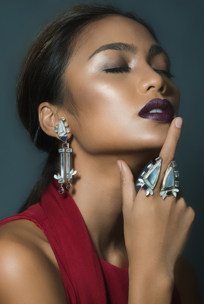 “Temple” dangling earrings and statement ring. Earrings:Hand-cutmother-of-pearl, blue topaz, yellow citrine, blue iolite, red garnet in 24K rose-gold-dipped pure silver. Ring: Handcutmother- of-pearl, blue iolite in 24K rosegold- dipped pure silver Read more: https://lifestyle.inquirer.net/246862/look-winner-london/#ixzz4SIx7TCGx  Follow us: @inquirerdotnet on Twitter | inquirerdotnet on Facebook